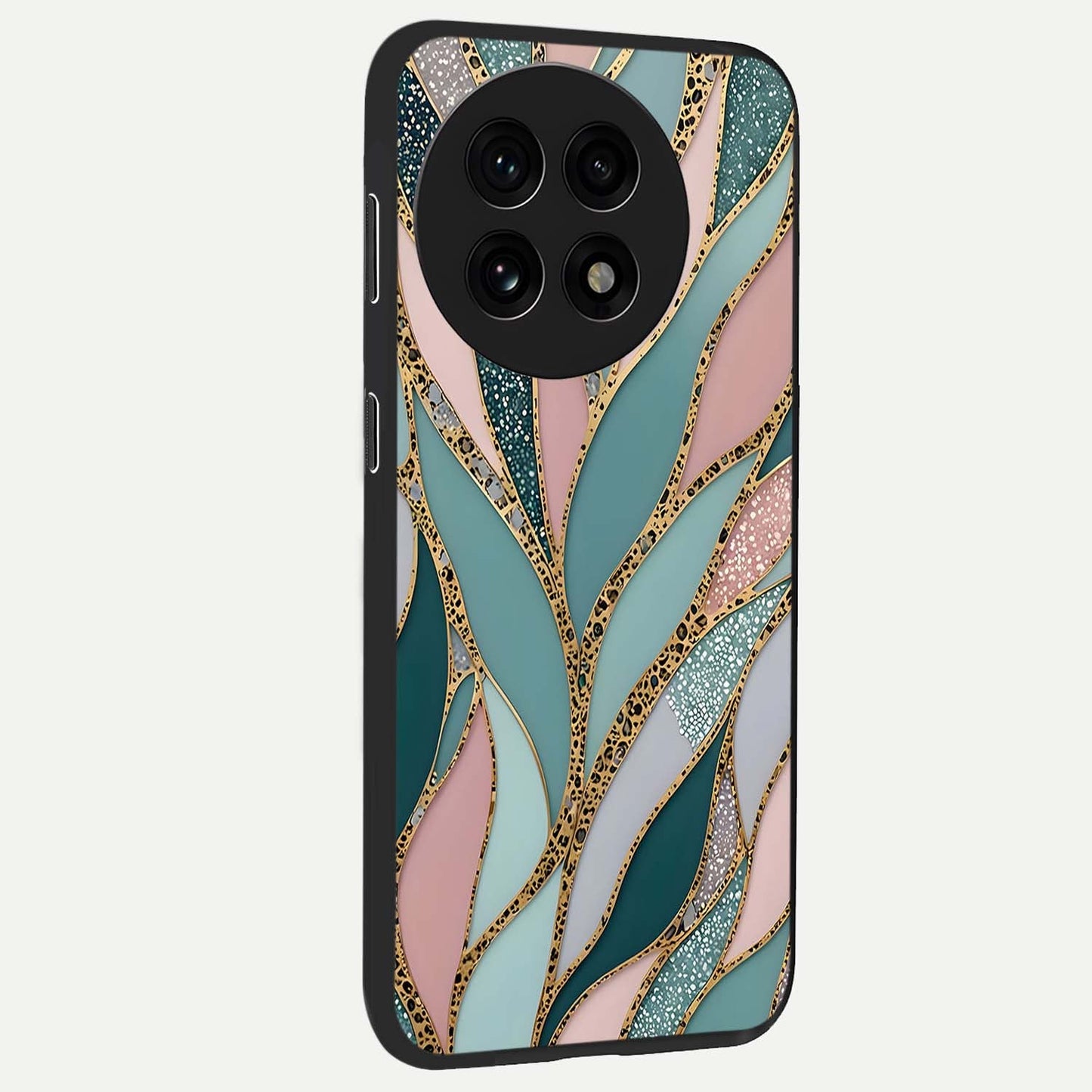 Golden Lotus Glow Glass Case for 1+13R side perspective highlighting intricate lotus detailing and premium edge finish