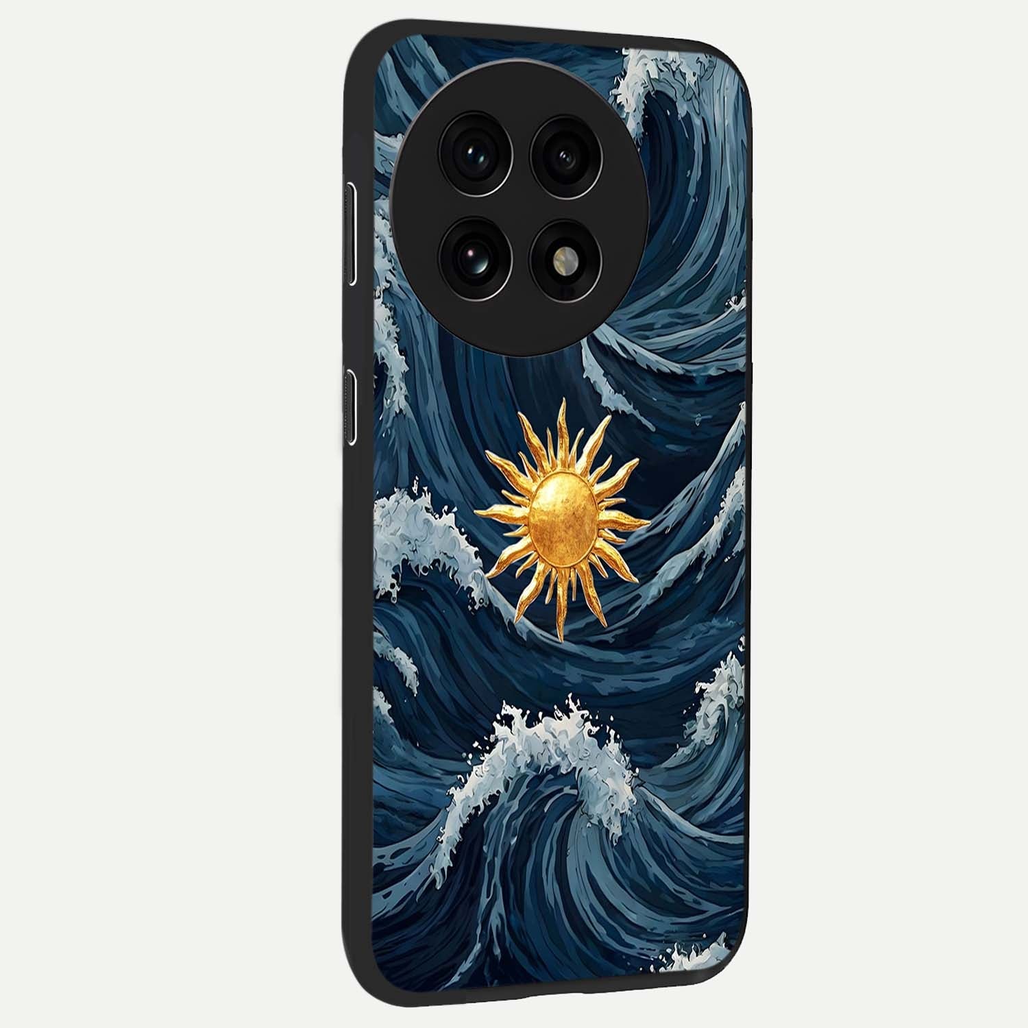 Gold Sun Blush Glass Case for 1+13R side perspective highlighting radiant textures and smooth premium build