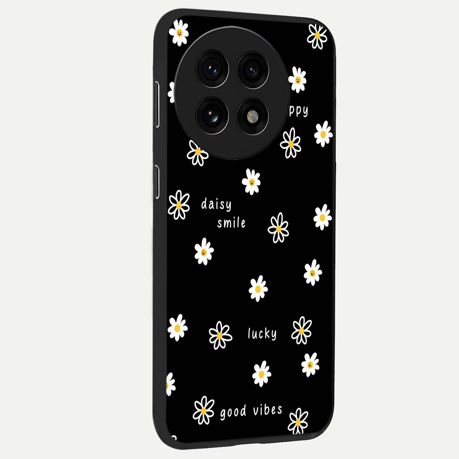 Good Vibes Daisy Black Pattern Glass Case for 1+13R side perspective highlighting playful daisy detailing and smooth edges