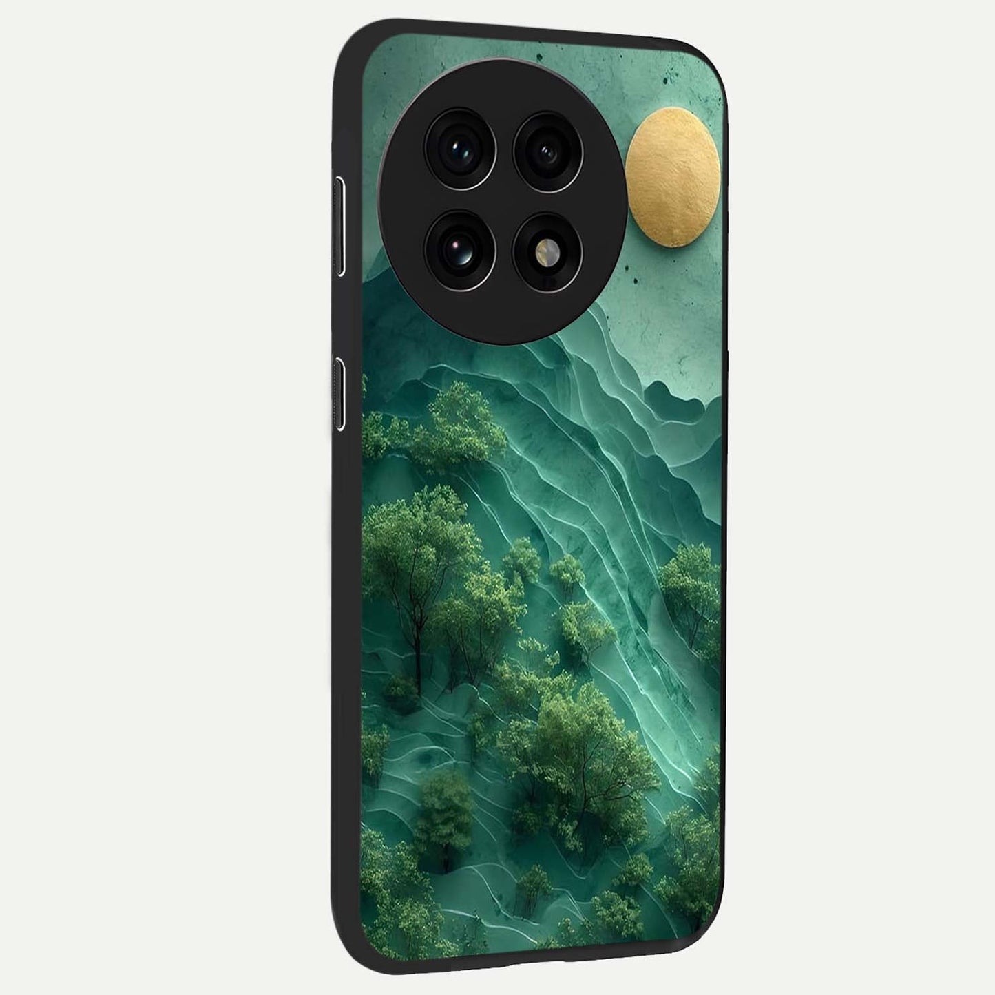 Green Hills With Sun Glass Case for 1+13R side perspective highlighting serene landscape textures and premium build