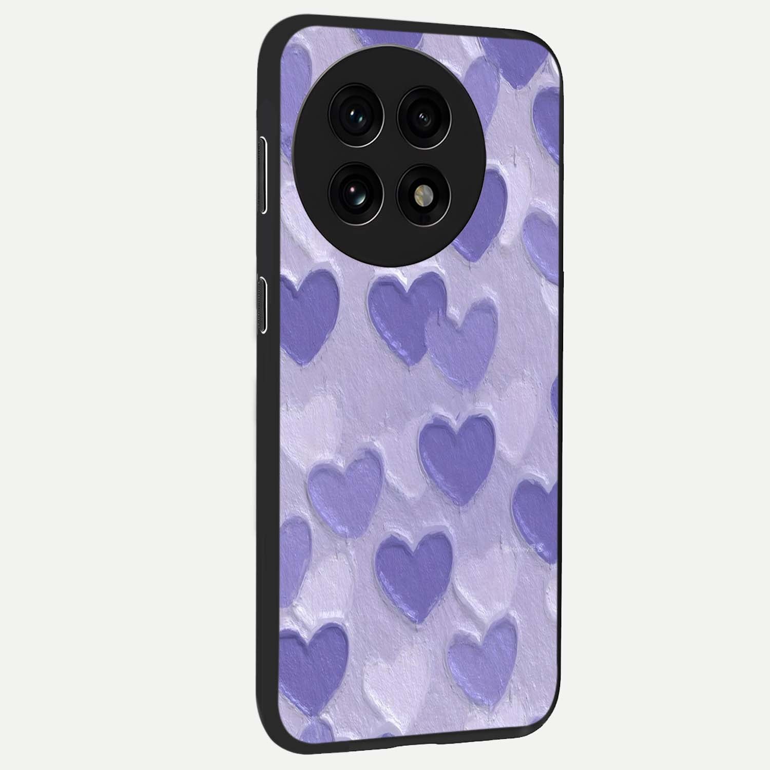 Lavender Paper Hearts Glass Case for 1+13R side perspective highlighting delicate heart textures and sleek build