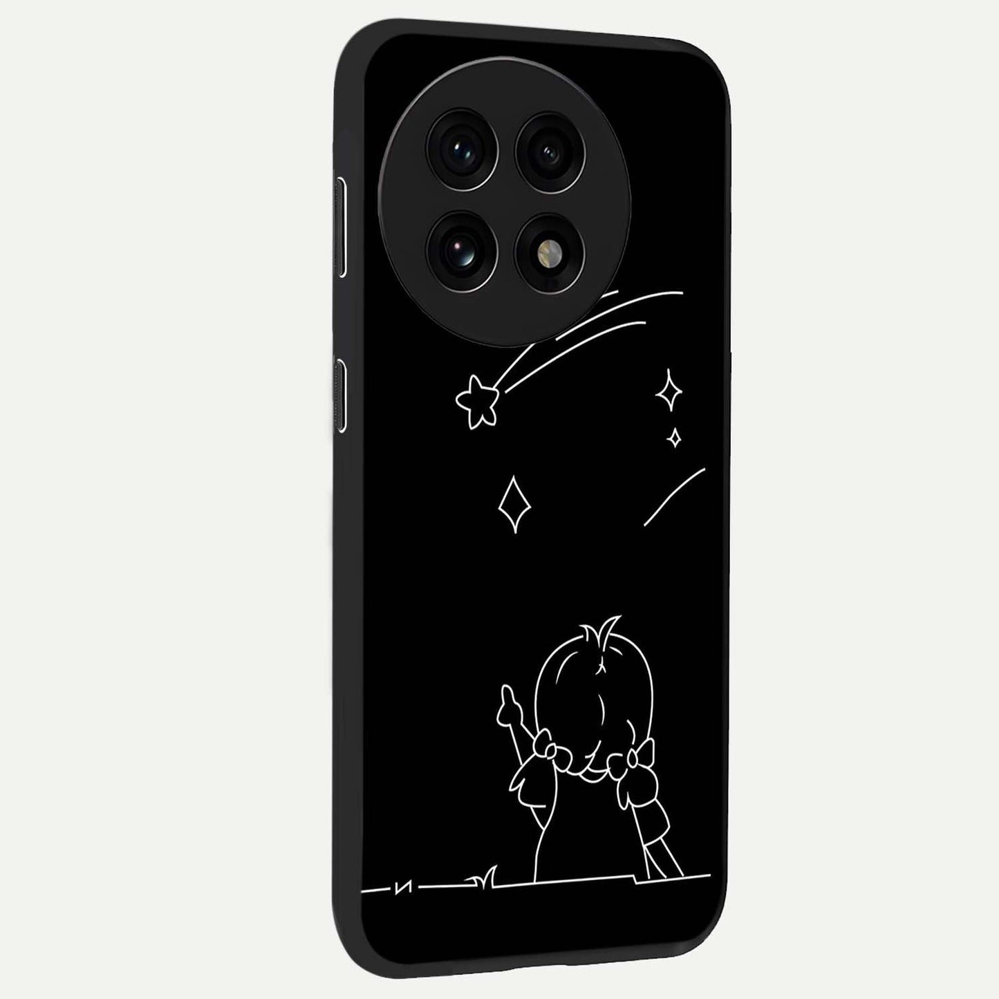 Line Art Girl With Shooting Stars Glass Case for 1+13R side perspective highlighting subtle star textures and premium build