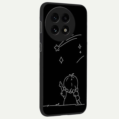 Line Art Girl With Shooting Stars Glass Case for 1+13R side perspective highlighting subtle star textures and premium build