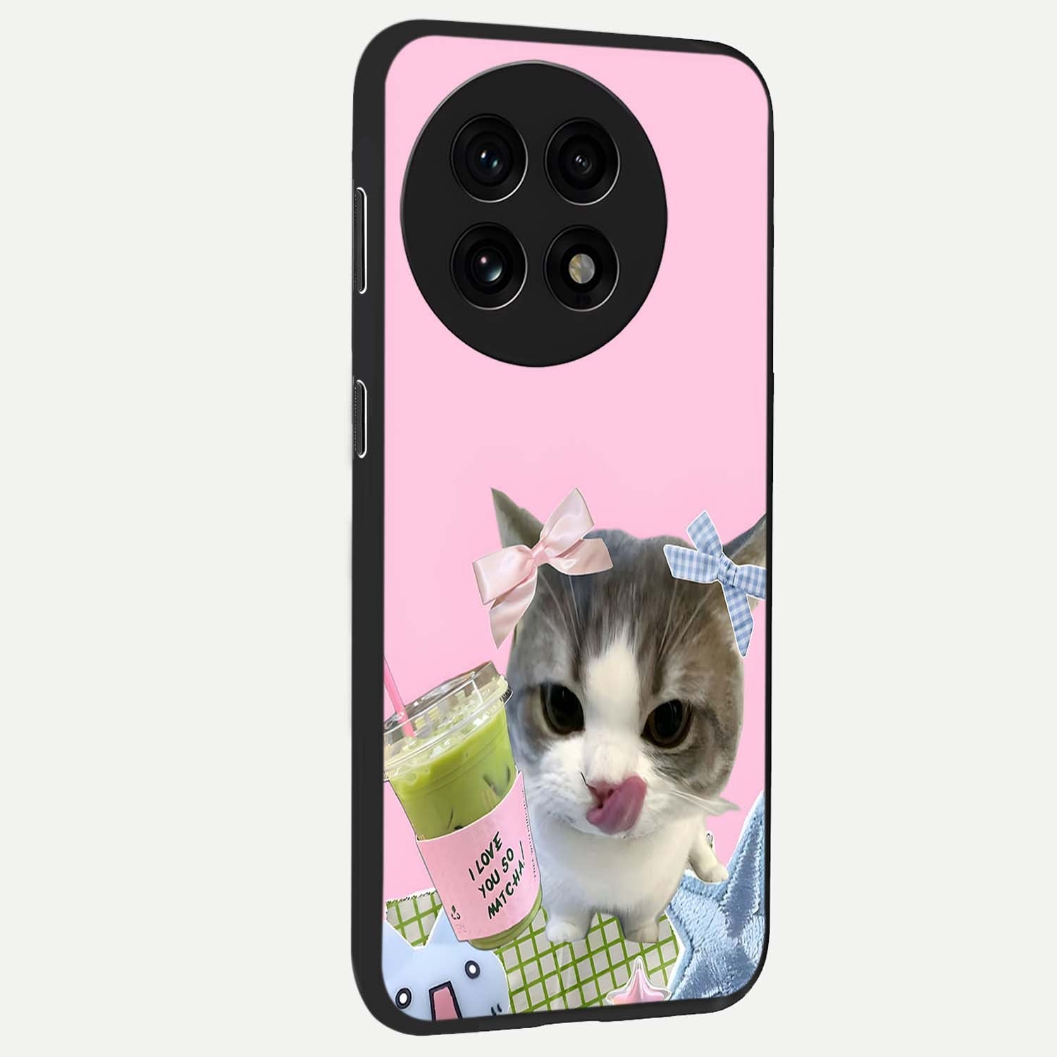 Love Matcha Cat Glass Case for 1+13R side perspective highlighting charming feline textures and smooth edges