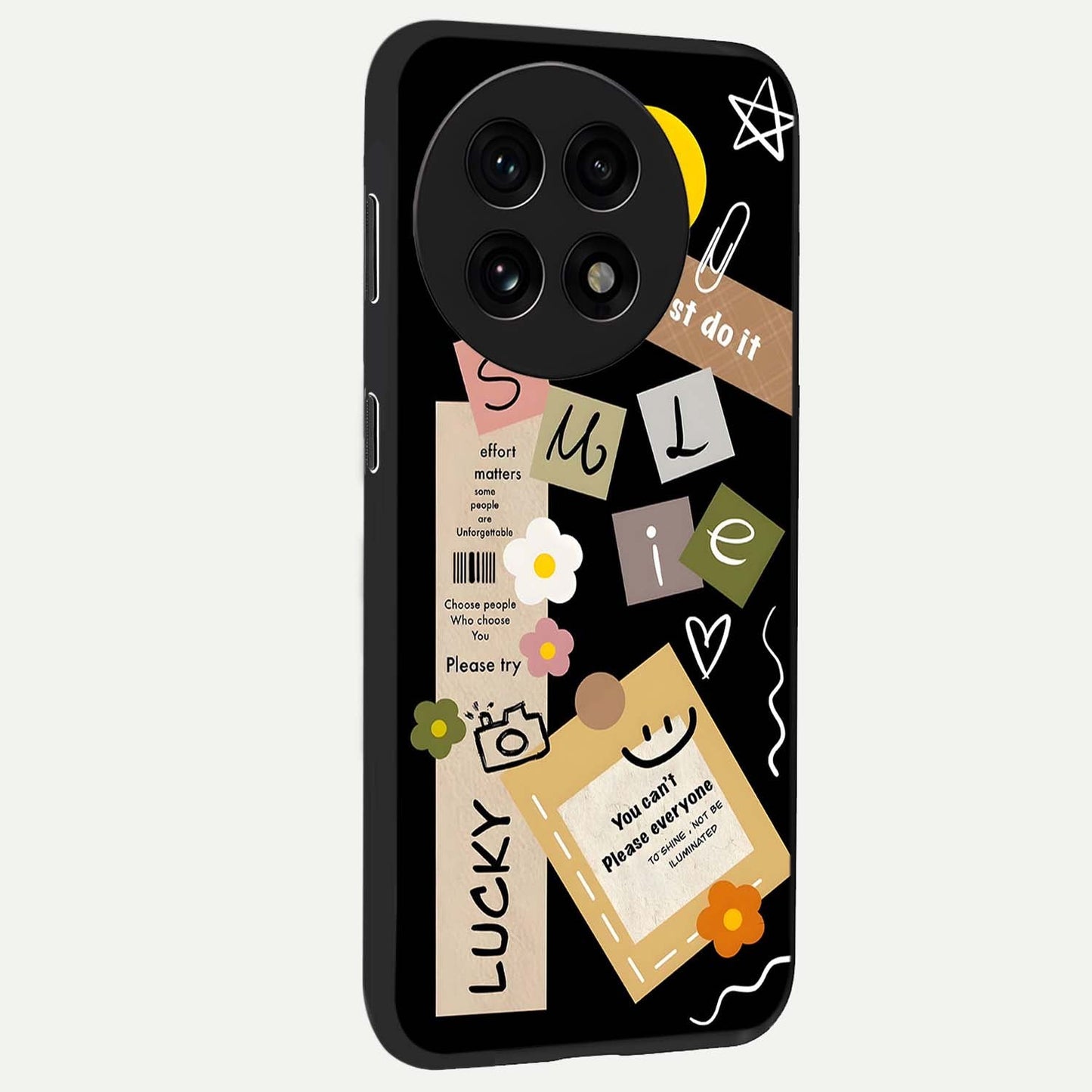 Lucky Aesthetic Collage Case Glass Case for 1+13R side perspective highlighting playful detailing and sleek edges
