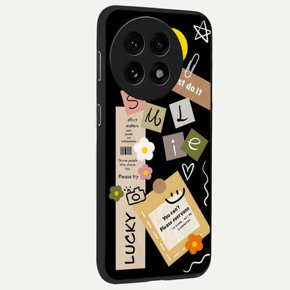 Lucky Aesthetic Collage Case Glass Case for 1+13R side perspective highlighting playful detailing and sleek edges