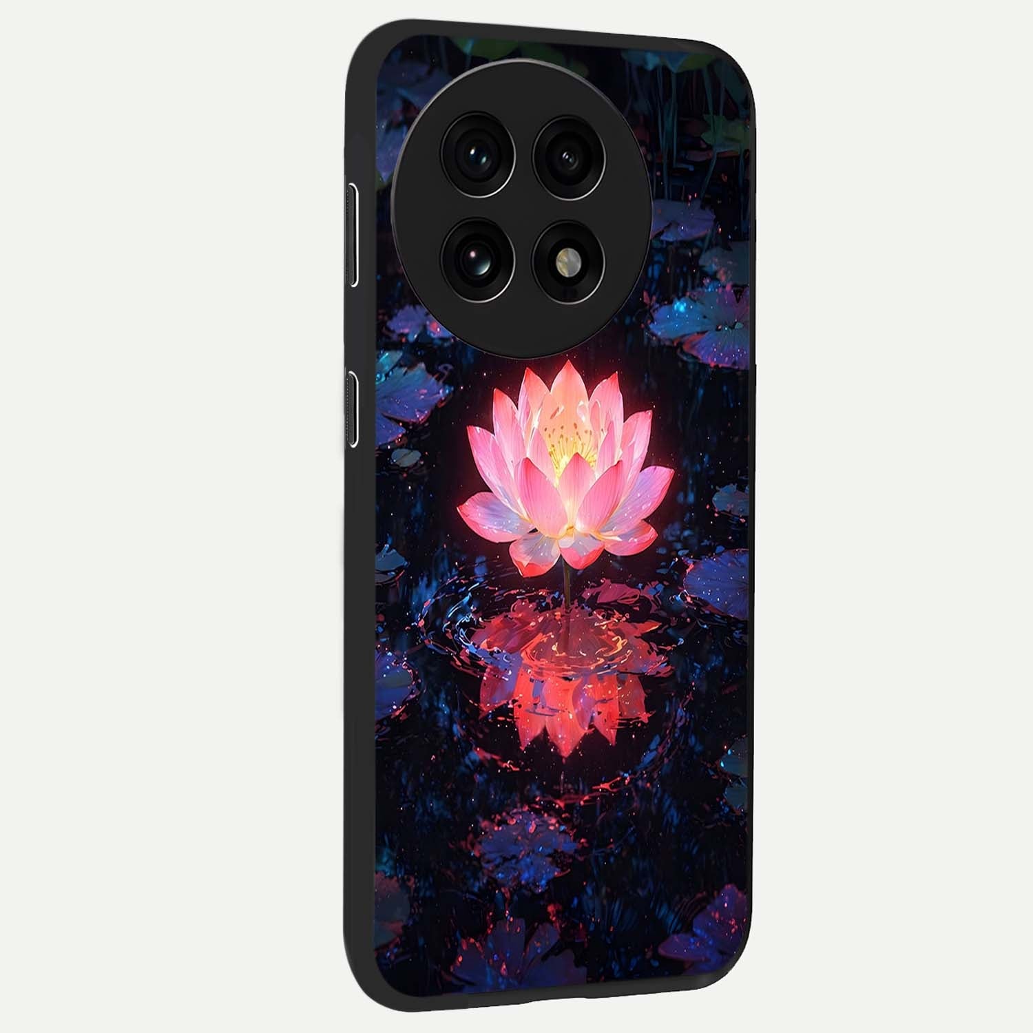 Luminous Lotus Glow Glass Case for 1+13R side perspective highlighting serene floral textures and premium edges