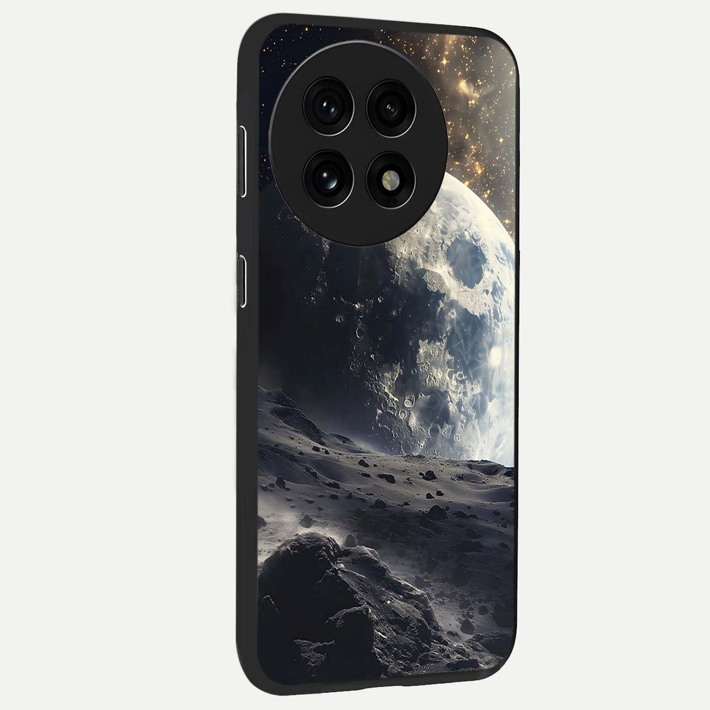 Lunar Horizon Glow Glass Case for 1+13R side perspective highlighting smooth gradient textures and premium edges