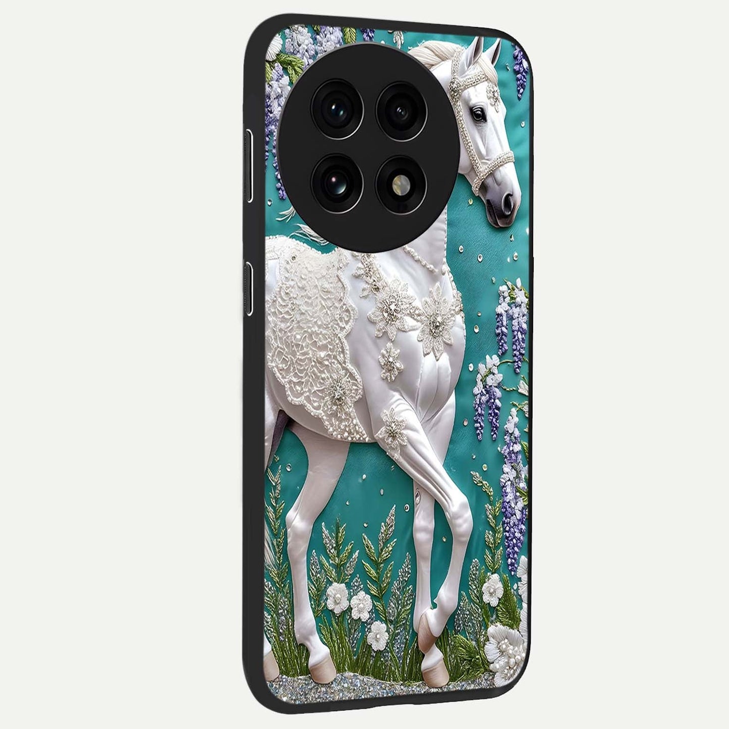 Majestic Floral Stallion Glass Case for 1+13R side perspective highlighting refined equestrian textures and premium edges