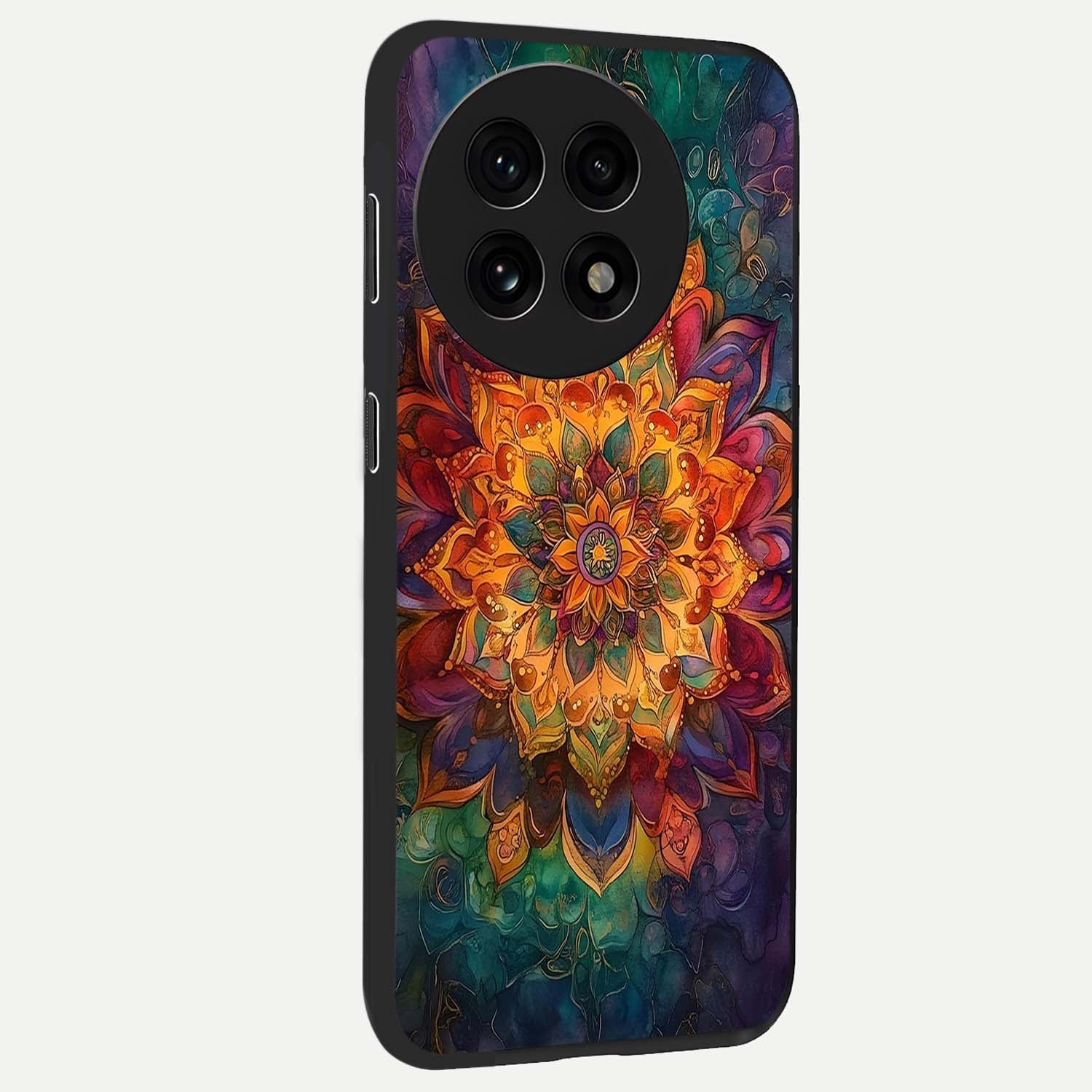 Mandala Vibrants Glass Case for 1+13R side perspective highlighting vibrant ornamental textures and premium edges