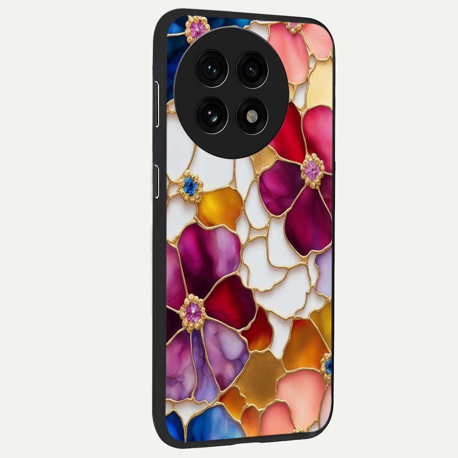 Marble Flower Pattern Glass Case for 1+13R side perspective highlighting elegant marble textures and sleek build