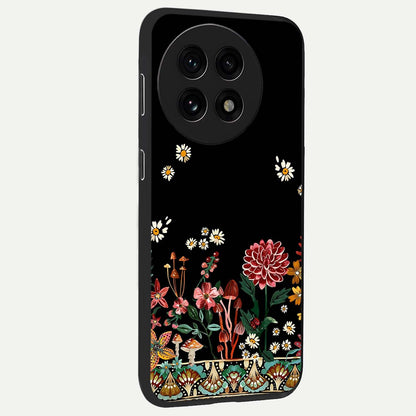 Midnight Bloom Pattern Glass Case for 1+13R side perspective highlighting intricate floral textures and premium edges