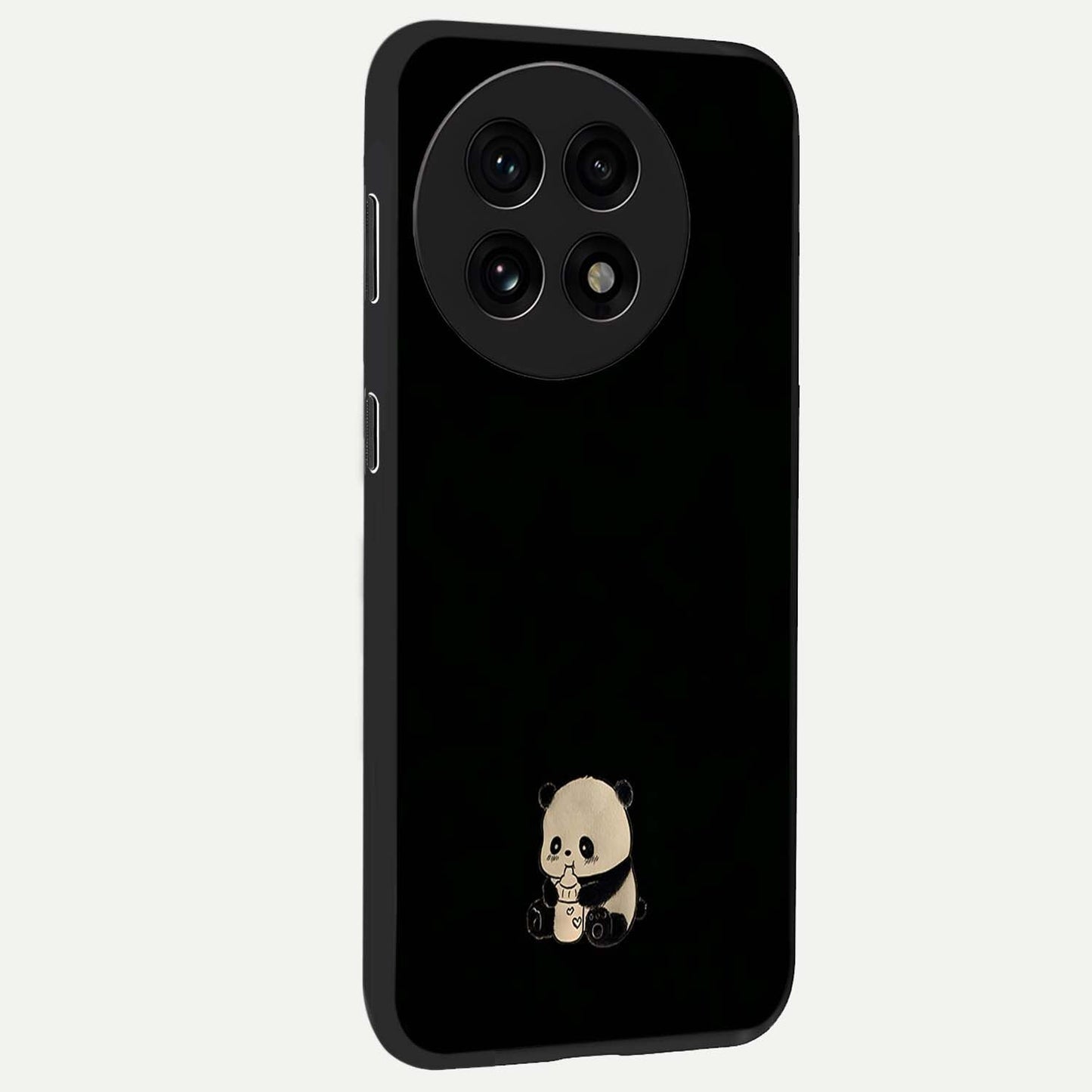 Midnight Panda Love Glass Case for 1+13R side perspective highlighting charming illustration details and premium build