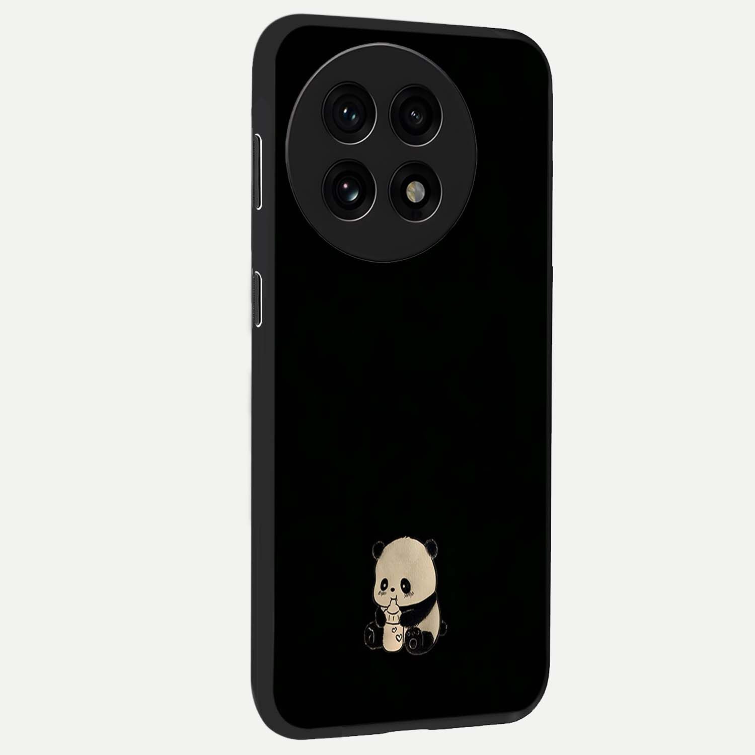 Midnight Panda Love Glass Case for 1+13R side perspective highlighting charming illustration details and premium build