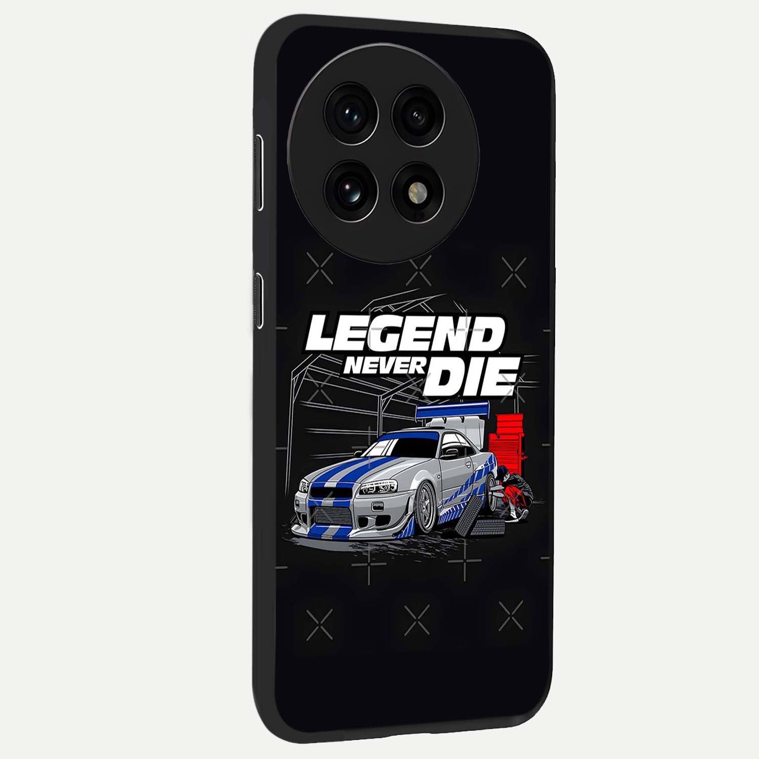 Midnight Racing Legacy Glass Case for 1+13R side perspective highlighting sleek speed textures and premium edges