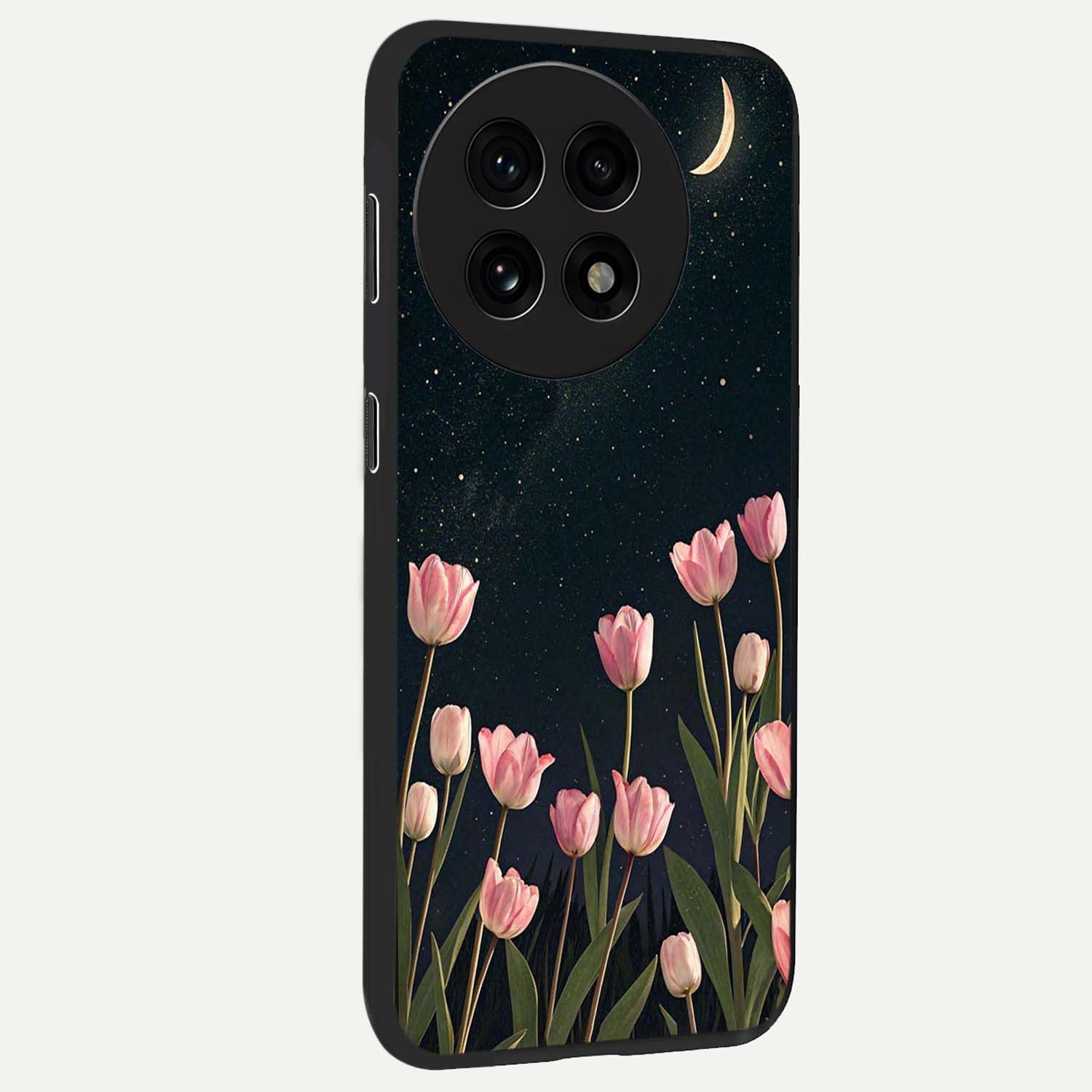 Midnight Tulip Whispers Vibe Glass Case for 1+13R side perspective highlighting graceful floral textures and premium edges