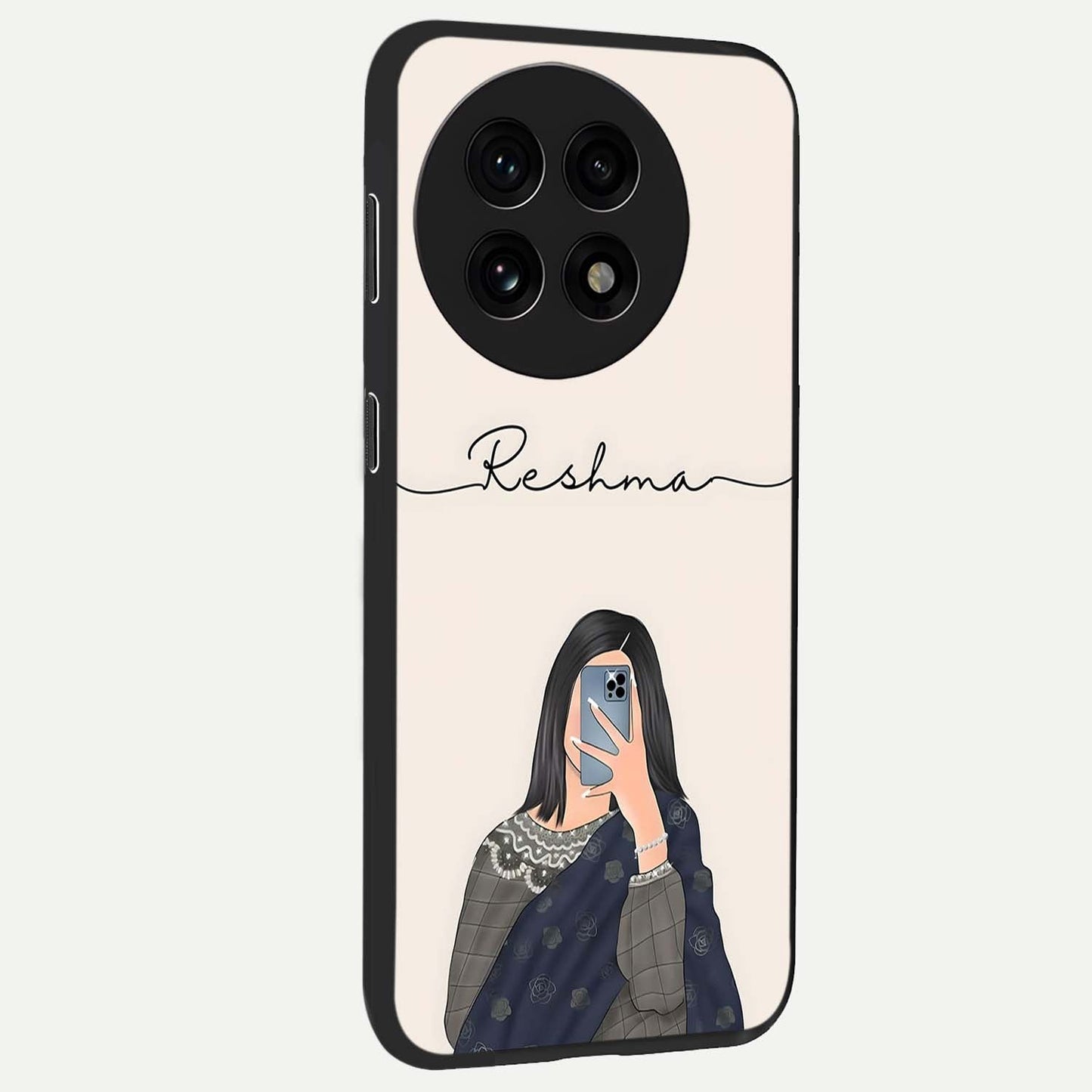 Mirror Mood Muse With Custom Name Glass Case for 1+13R side perspective highlighting custom text detailing and premium edges