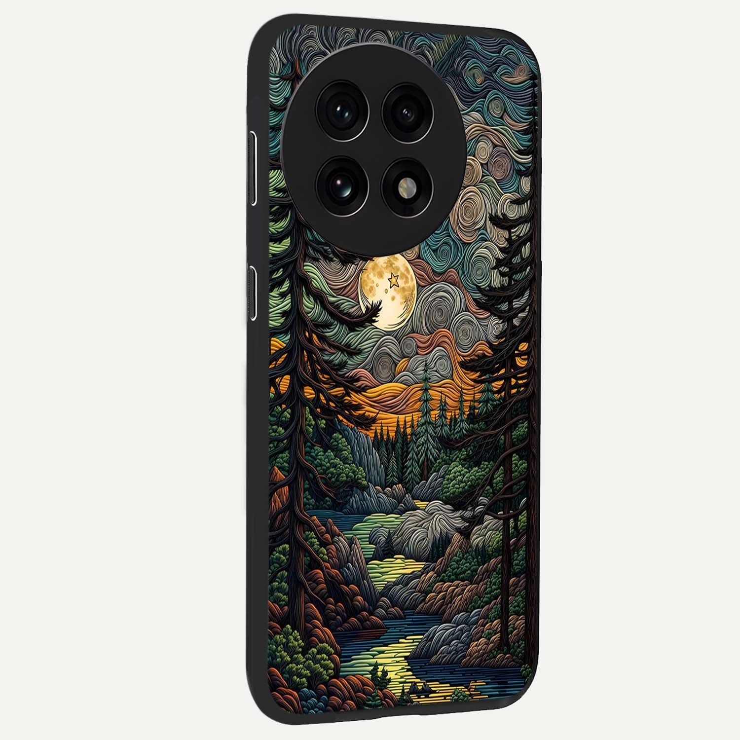 Moonlight Forest Dream Glass Case for 1+13R side perspective highlighting serene woodland textures and smooth premium build