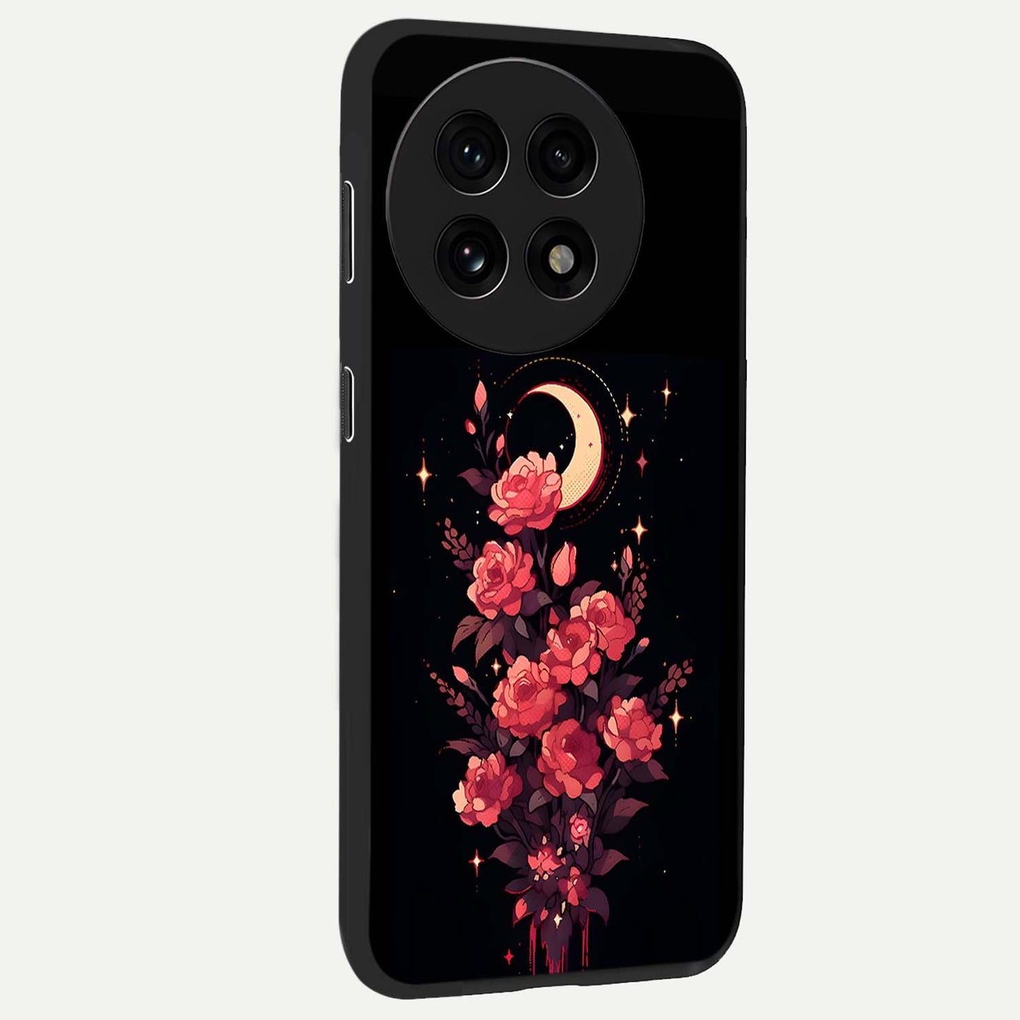 Moonlit Floral Elegance Glass Case for 1+13R side perspective highlighting elegant bloom detailing and smooth build