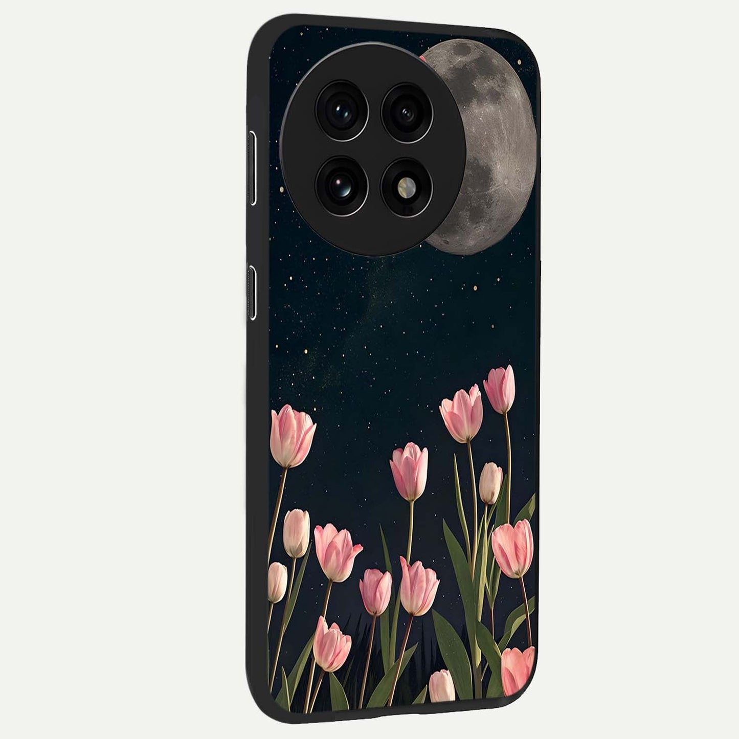 Moonlit Night Tulip Glass Case for 1+13R side perspective highlighting delicate petal textures and sleek build