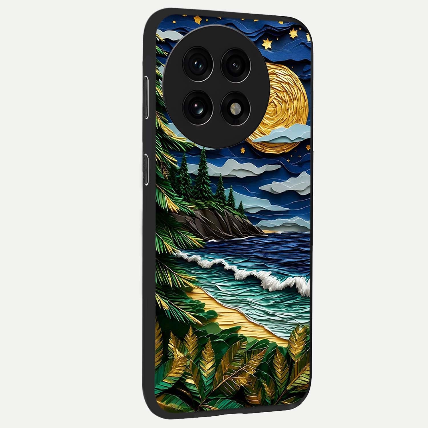Moonlit Ocean Pines Glass Case for 1+13R side perspective highlighting serene landscape textures and premium edges
