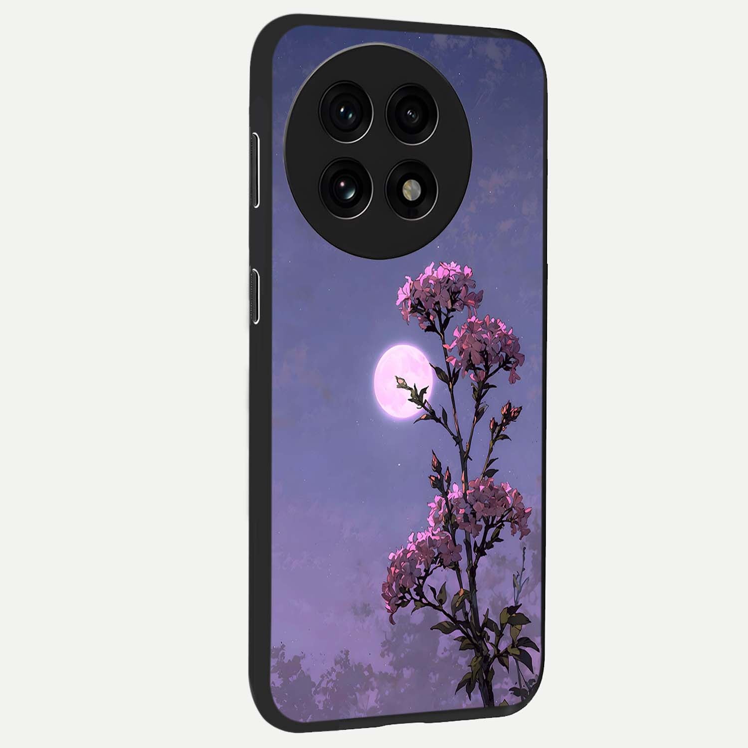 Moonlit Petal Night Glass Case for 1+13R side perspective highlighting graceful petal textures and smooth build