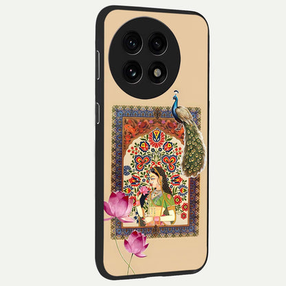 Mughal Princess and Peacock Glass Case for 1+13R side perspective highlighting detailed cultural textures and smooth premium build