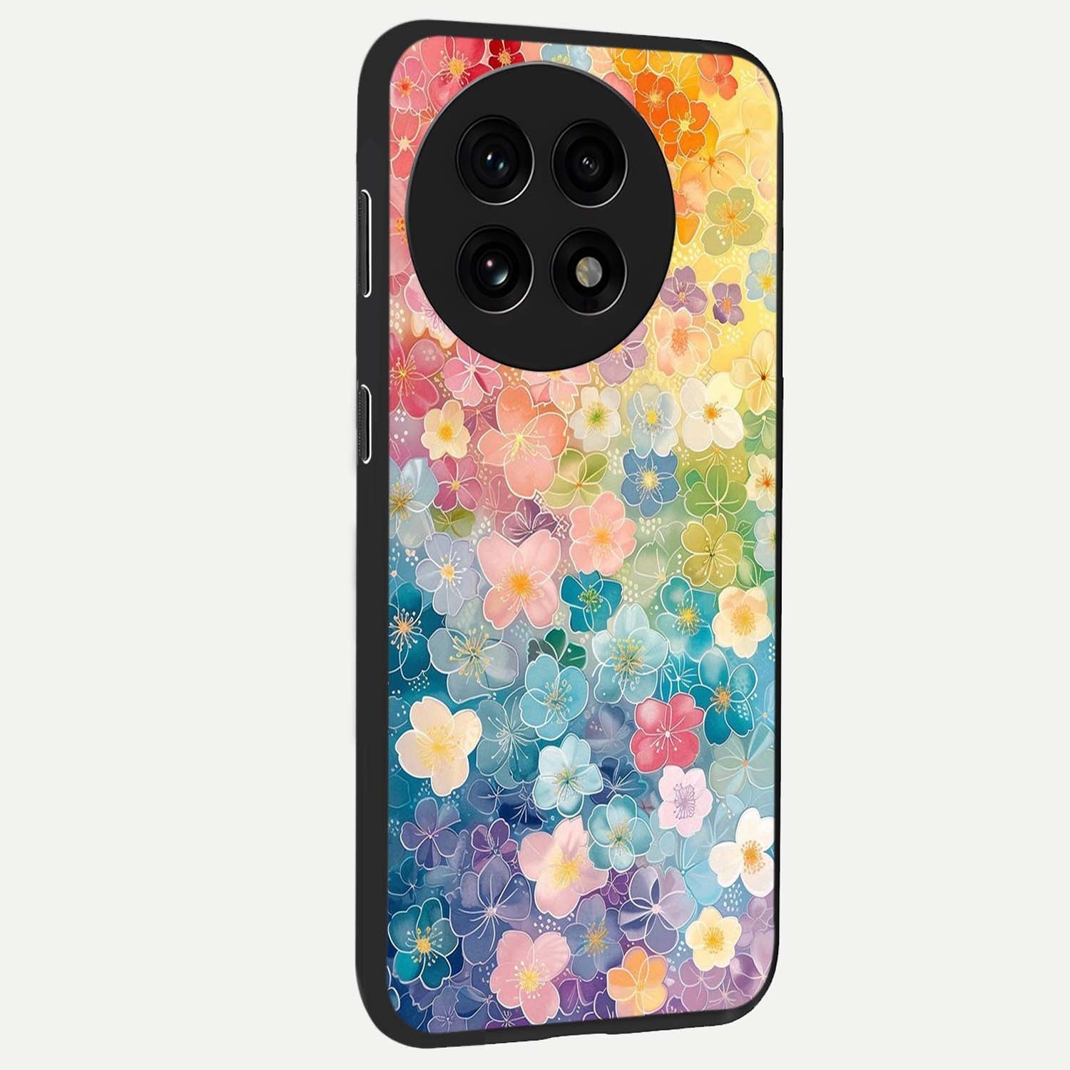 Multiple Background With Flower Glass Case for 1+13R side perspective highlighting rich floral textures and premium edges