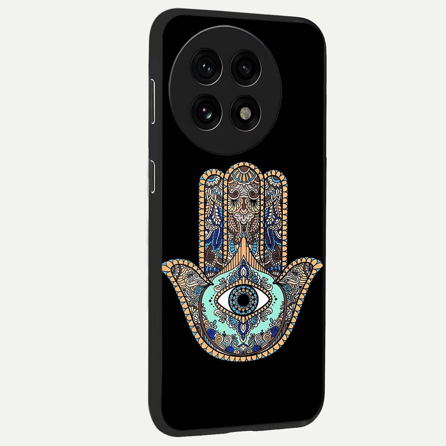 Mystic Hamsa Eye Glass Case for 1+13R side perspective highlighting ornate textures and premium edges