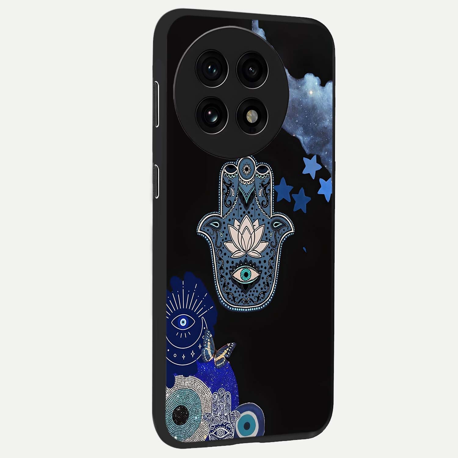 Mystic Hand Aura Glass Case for 1+13R side perspective highlighting subtle textures and sleek premium build