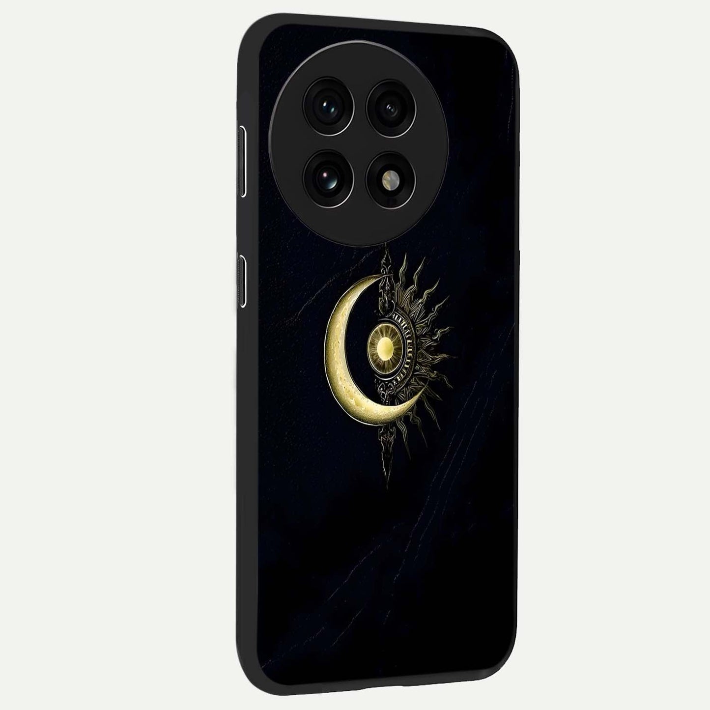 Mystic Lunar Flame Glass Case for 1+13R side perspective highlighting intense flame textures and premium build