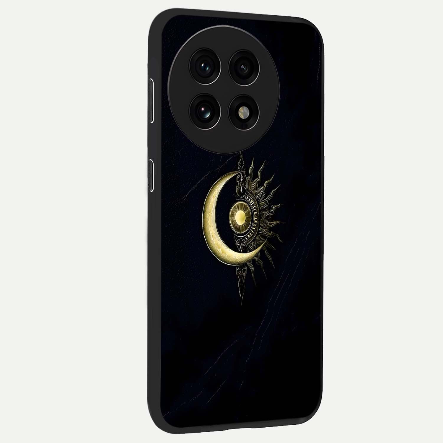 Mystic Lunar Flame Glass Case for 1+13R side perspective highlighting intense flame textures and premium build