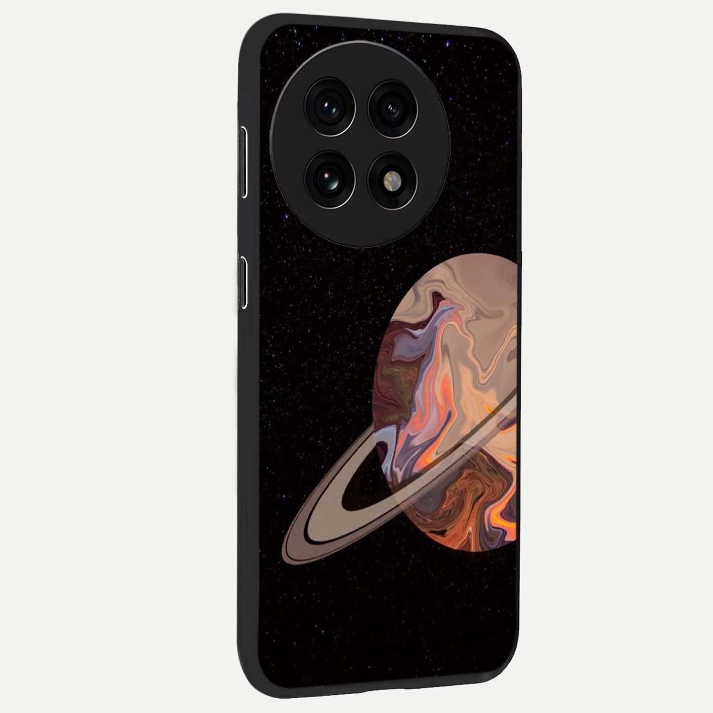 Mystic Saturn Aesthetic Glass Case for 1+13R side perspective highlighting planetary detailing and premium edge finish