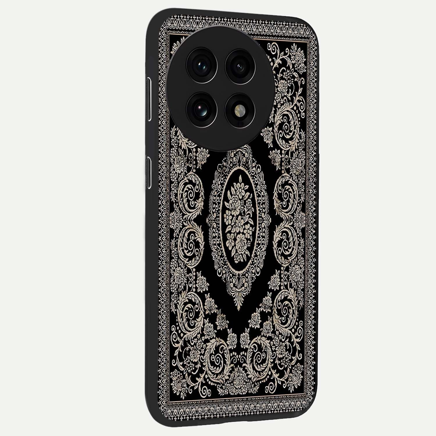 Noir Bloom Elegance Glass Case for 1+13R side perspective highlighting subtle textures and sleek premium build