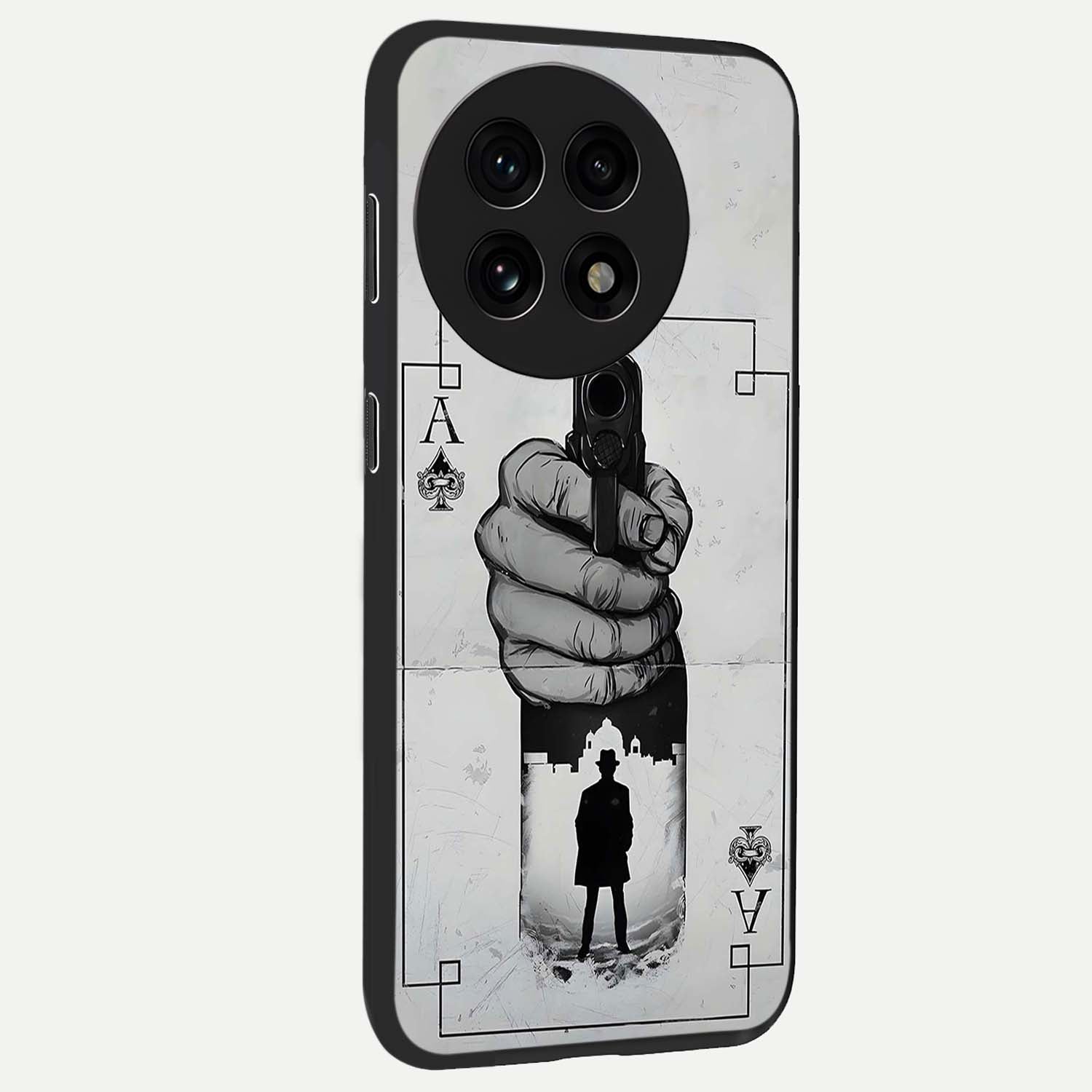 Noir Trigger Fate Glass Case for 1+13R side perspective highlighting strong contrast textures and premium edges