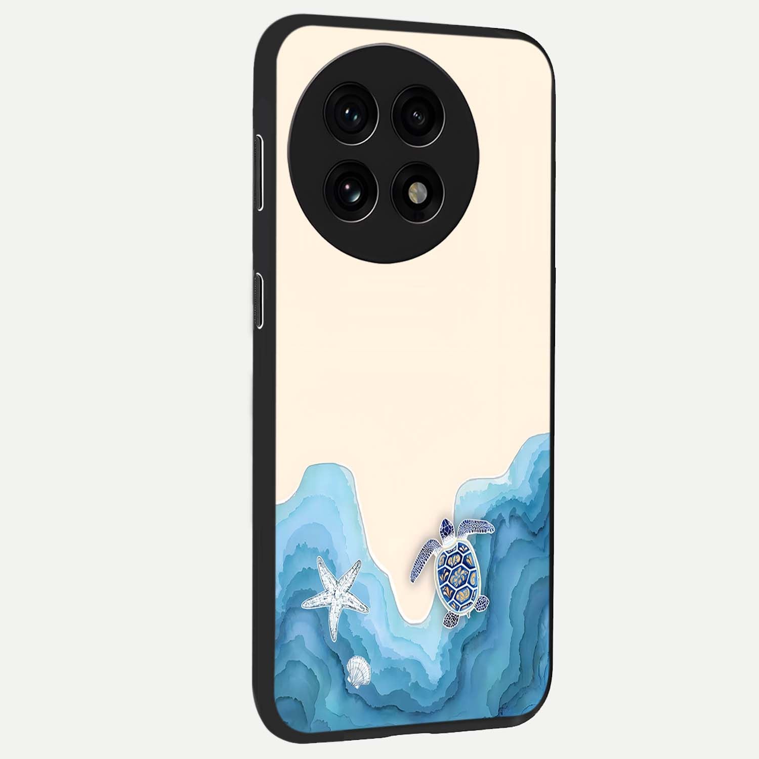 Ocean Drift Turtle Glass Case for 1+13R side perspective highlighting aquatic textures and premium edges