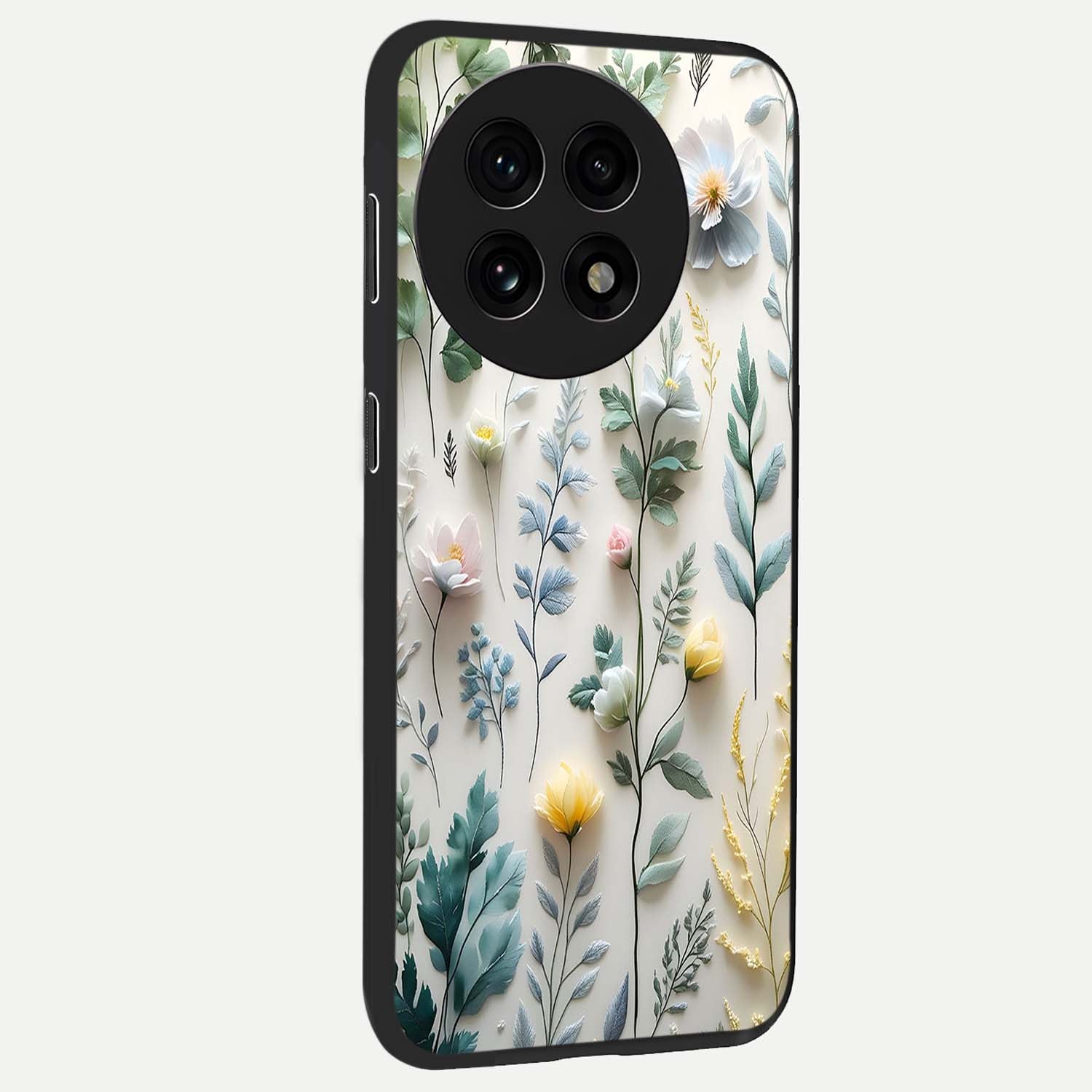 Pastel Garden Whispers Glass Case for 1+13R side perspective highlighting refined textures and smooth build