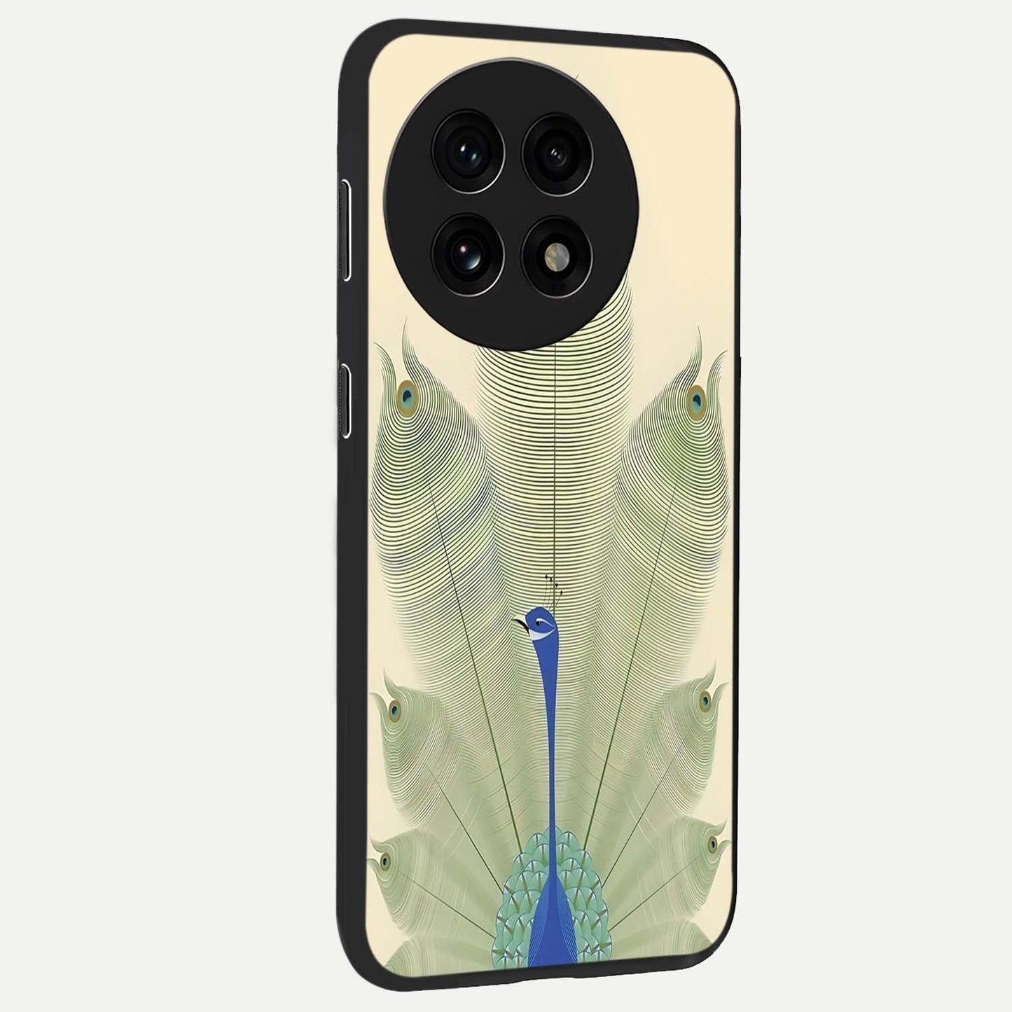 Peacock Feather Grace Glass Case for 1+13R side perspective highlighting intricate plume textures and premium edges