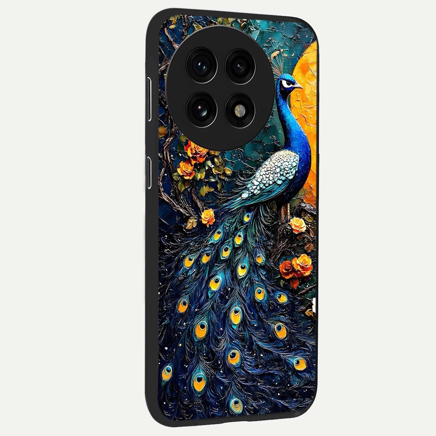 Peacock With Yellow Moon Glass Case for 1+13R side perspective highlighting vibrant plumage detailing and premium edges