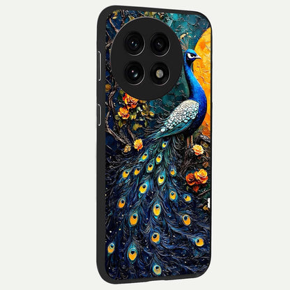 Peacock With Yellow Moon Glass Case for 1+13R side perspective highlighting vibrant plumage detailing and premium edges
