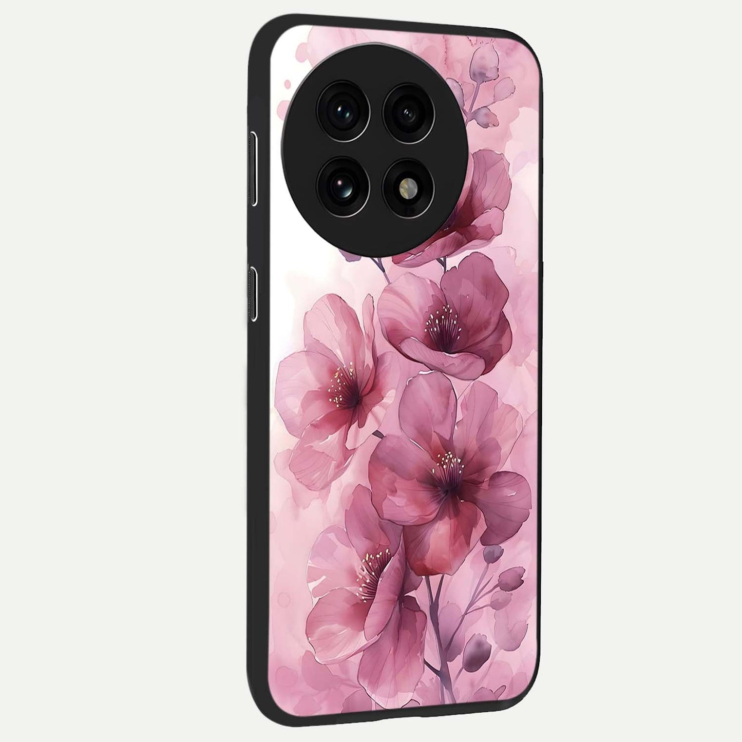 Pink Floral Glass Case for 1+13R side perspective highlighting subtle floral textures and premium edges