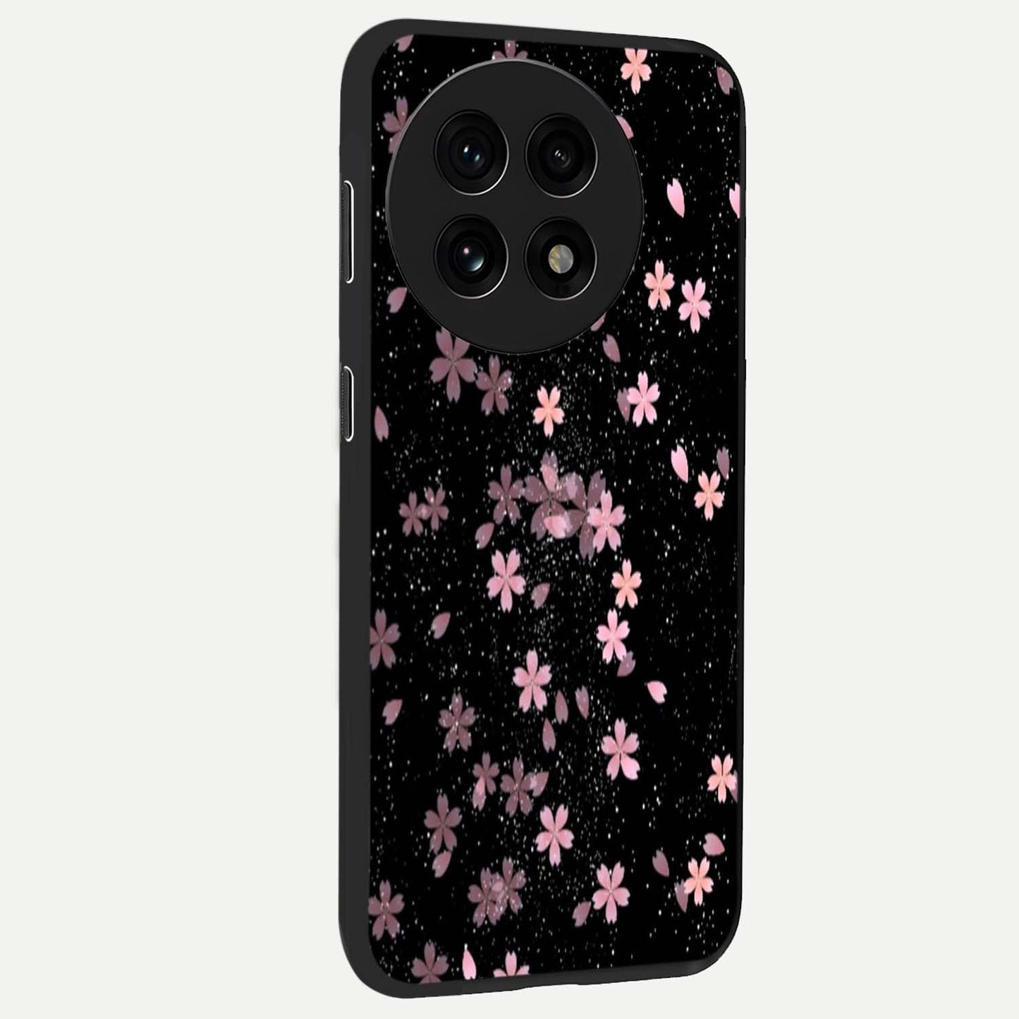 Pink Flower Black Background Glass Case for 1+13R side perspective highlighting vivid bloom textures and sleek build