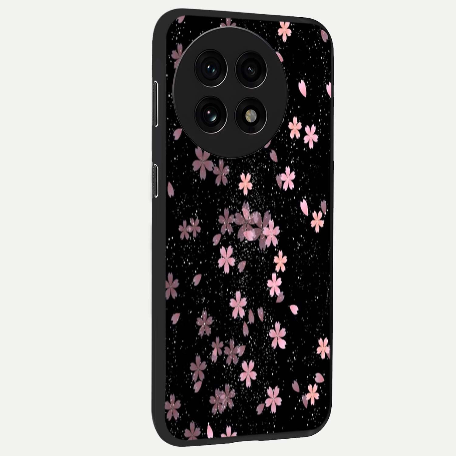 Pink Flower Black Background Glass Case for 1+13R side perspective highlighting vivid bloom textures and sleek build