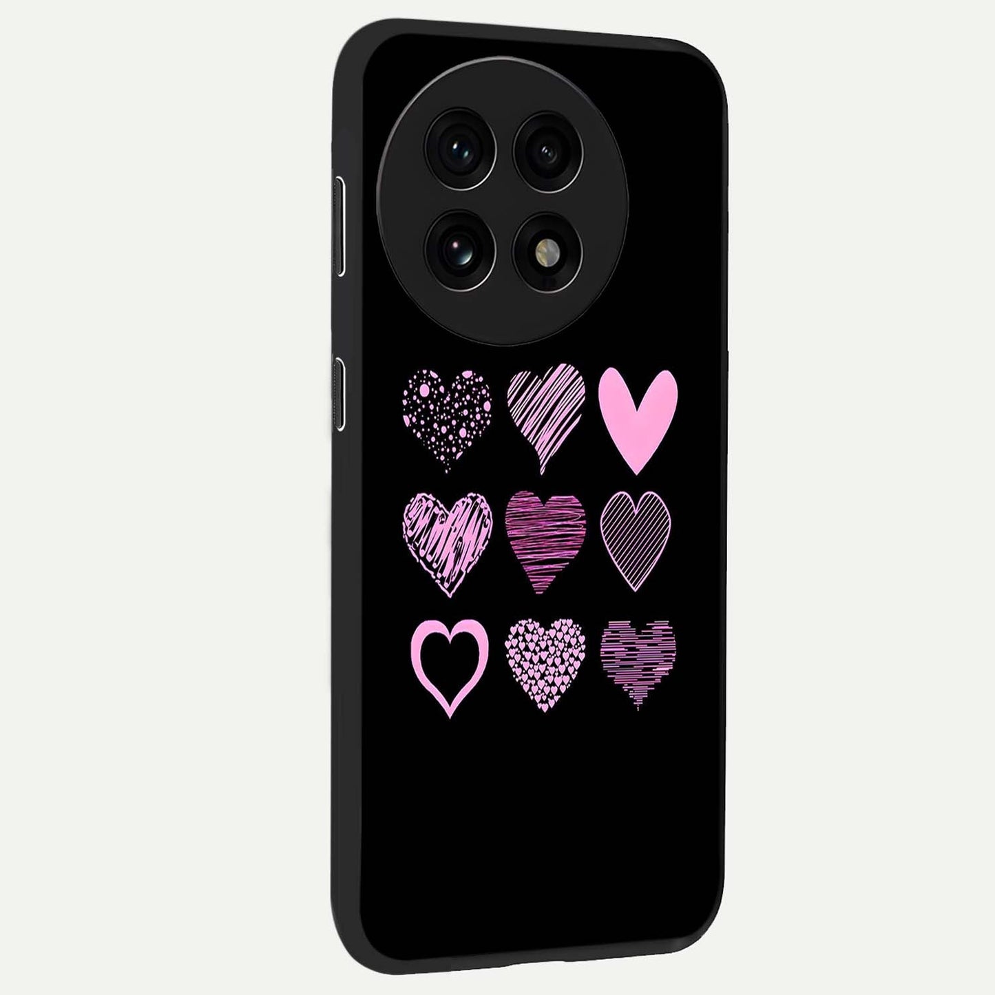 Pink Heart Aesthetic Glass Case for 1+13R side perspective highlighting smooth textures and premium edge finish