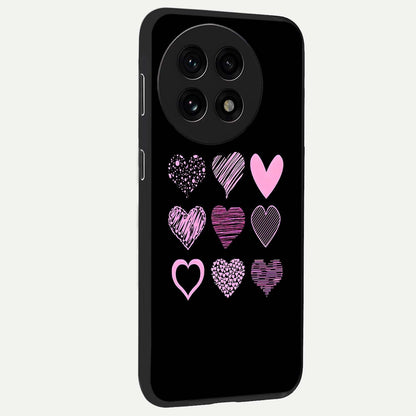 Pink Heart Aesthetic Glass Case for 1+13R side perspective highlighting smooth textures and premium edge finish