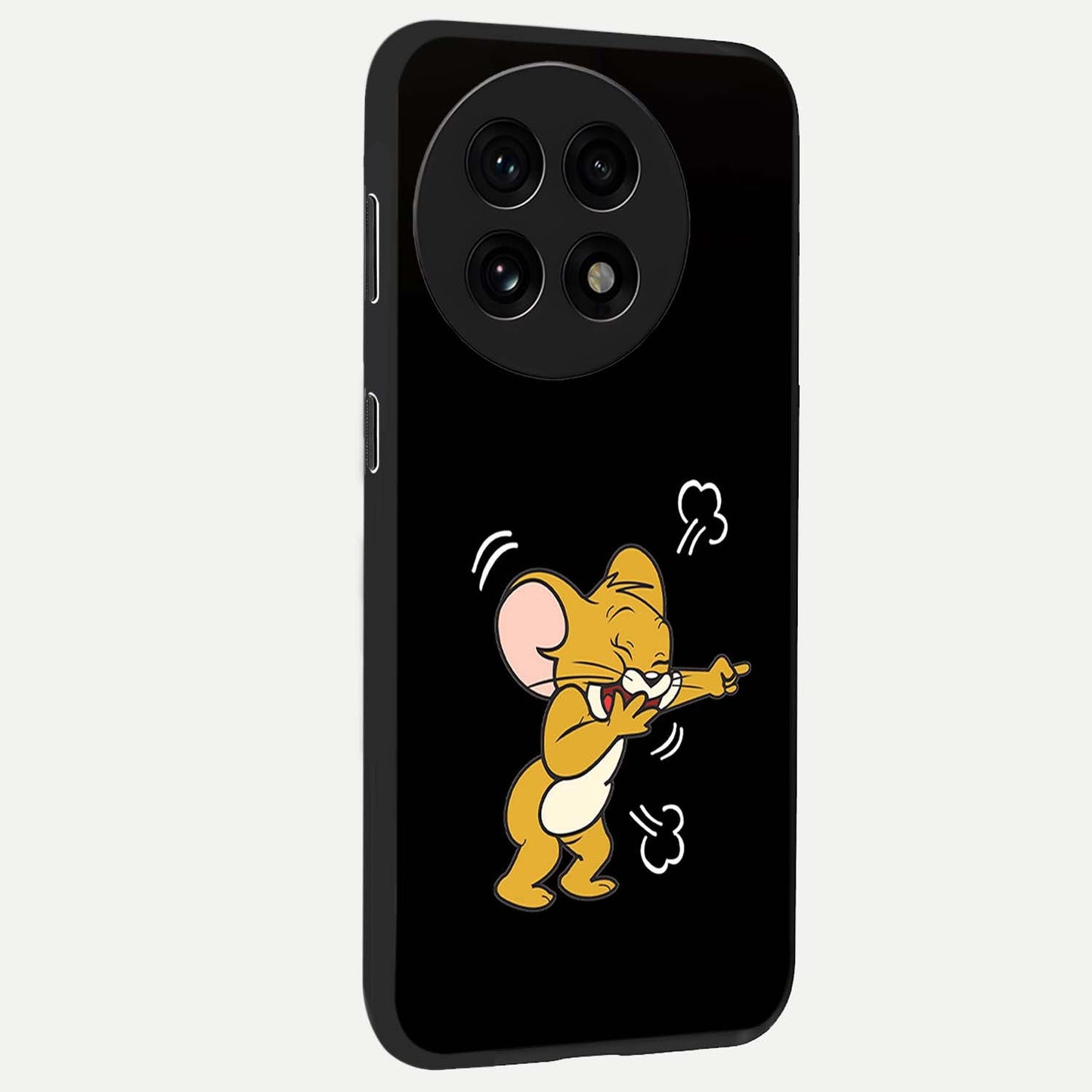 Playful Jerry Vibes Glass Case for 1+13R side perspective highlighting fun illustration textures and smooth build