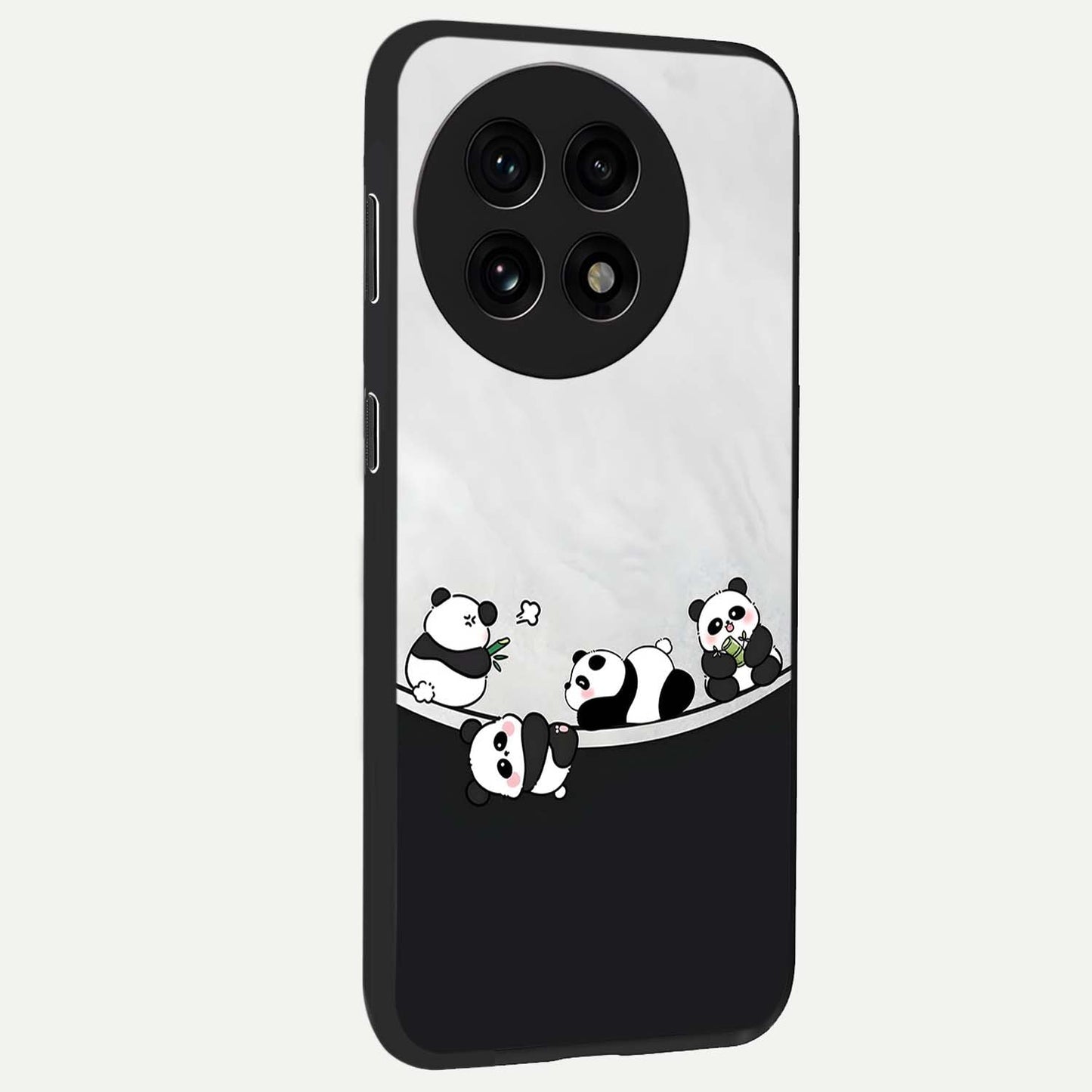 Playful Panda Parade Glass Case for 1+13R side perspective highlighting charming detailing and premium edges