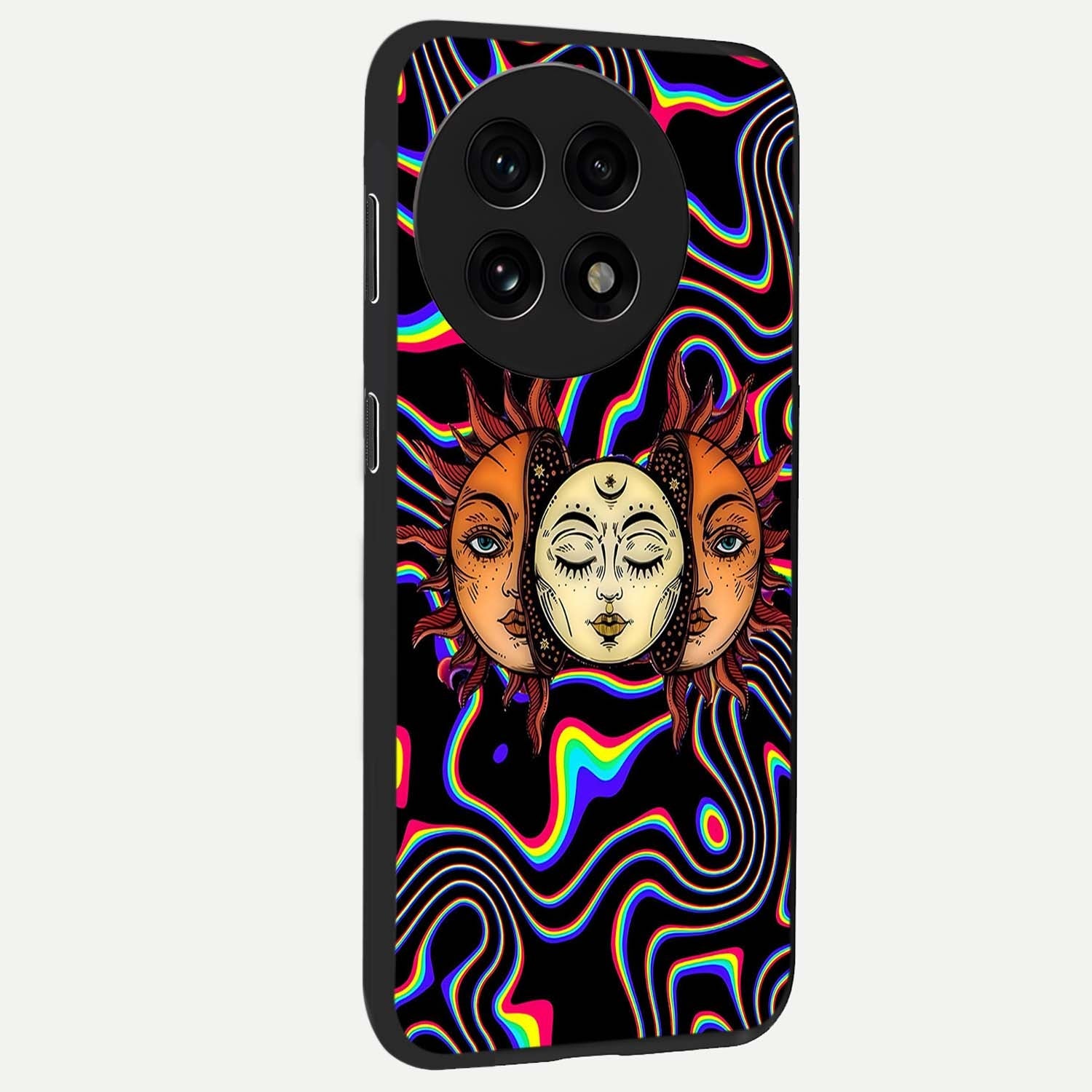 Psychedelic Sun Glass Case for 1+13R side perspective highlighting vivid gradients and premium edge finish
