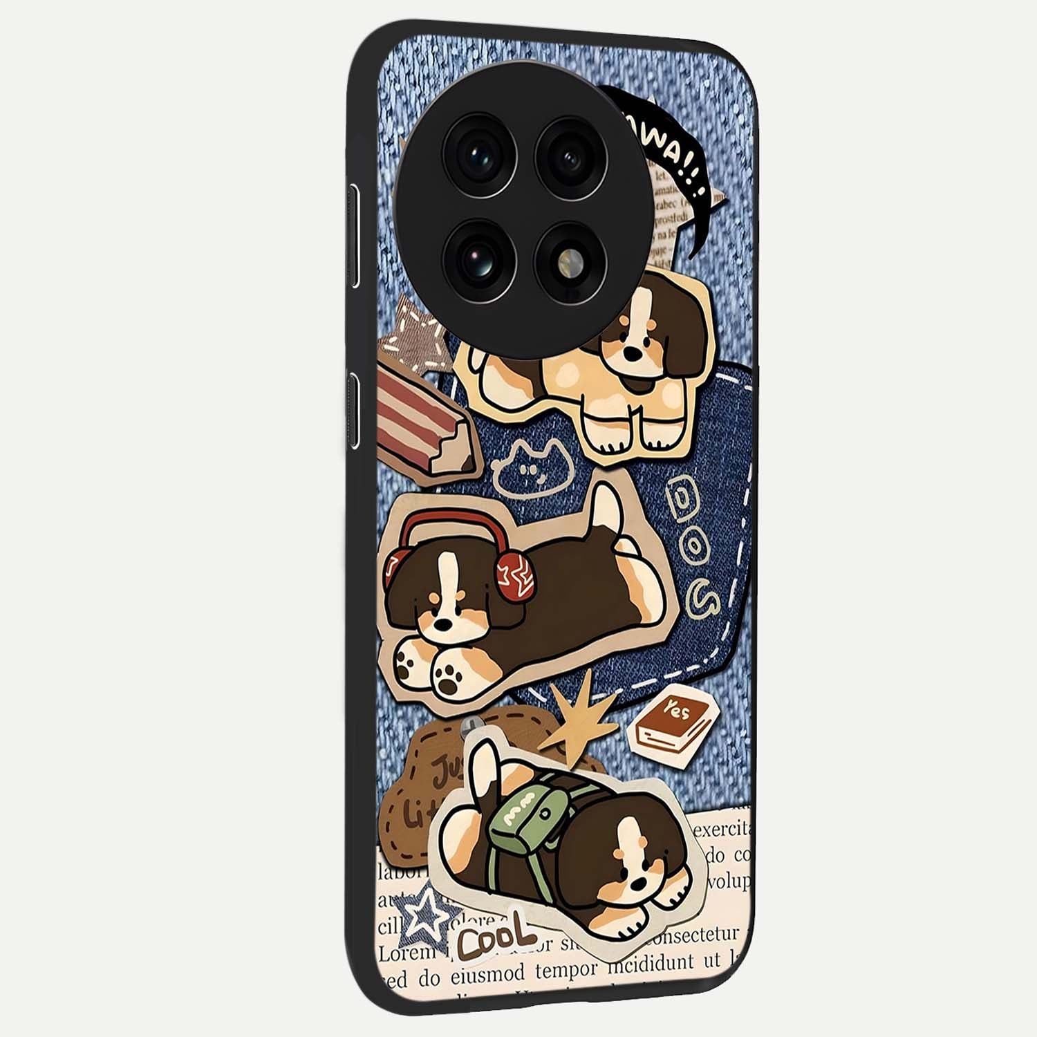 Puppy Sticker Parade Glass Case for 1+13R side perspective highlighting fun sticker textures and premium edges