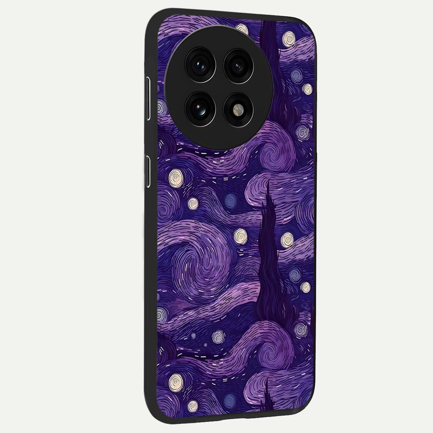 Purple Swirls Glass Case for 1+13R side perspective highlighting fluid textures and sleek premium build